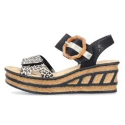 Rieker Womens Adjustable Wedge Sandals - Black Animal Print -Fashion Shoe Store Rieker 68176 00 LeopardBlack 5 6