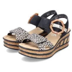 Rieker Womens Adjustable Wedge Sandals - Black Animal Print